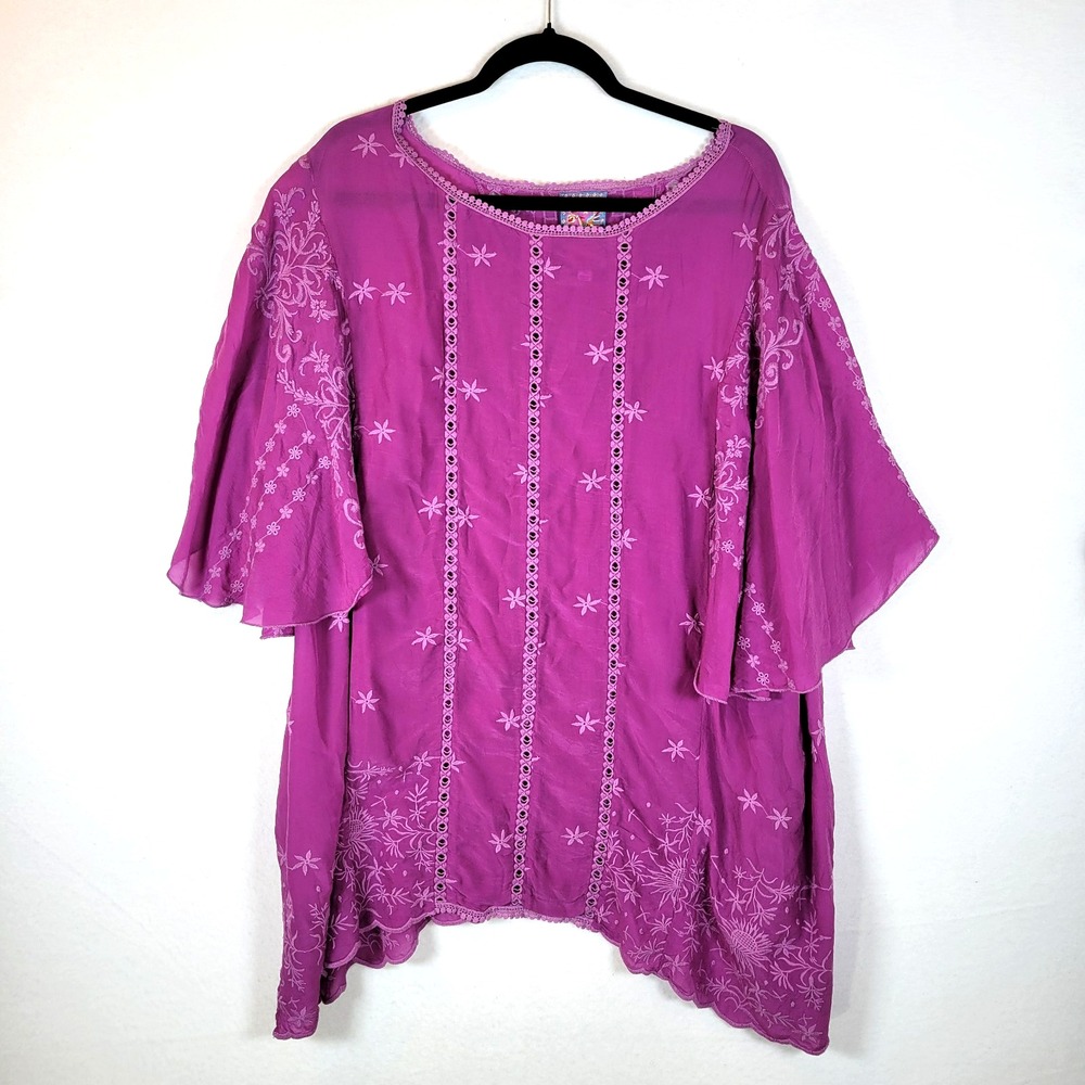 Johnny Was Womens Sunflower Alta Blouse Top Size 3X Purple Embroidered Eyelet